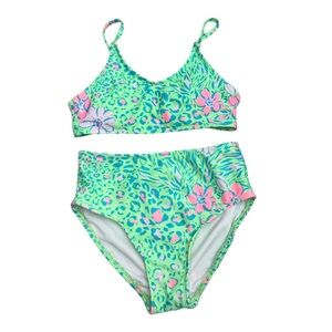 Art Class Girls Green and Pink Paradise Jungle Floral Bikini Size L (10/12)